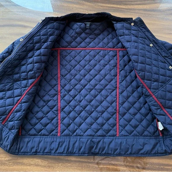 J. Crew Quilted Barn Jacket: Navy Blue, corduroy collar, gold-tone hardware - Picture 2 of 6
